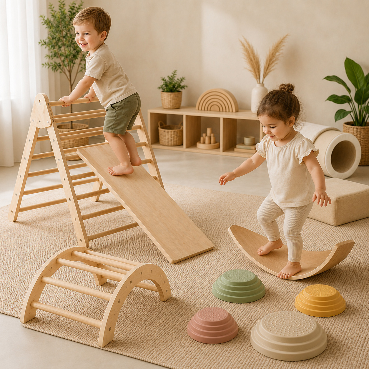 Child practicing balance and movement with Montessori stepping stones