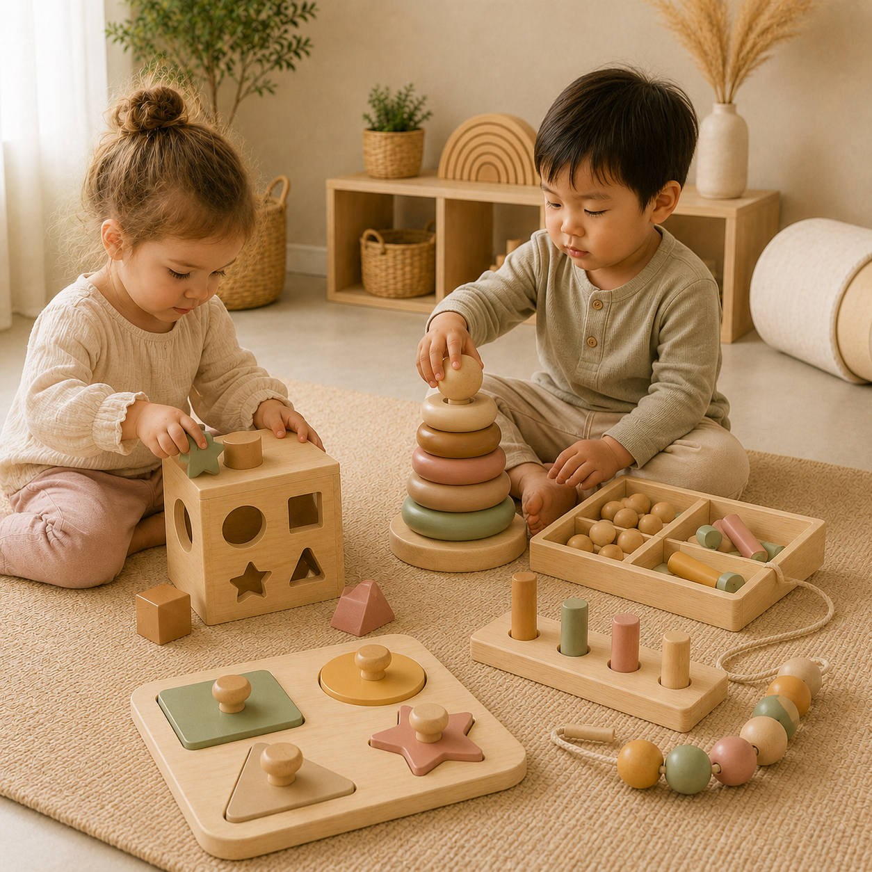 Child developing fine motor skills with wooden Montessori puzzles