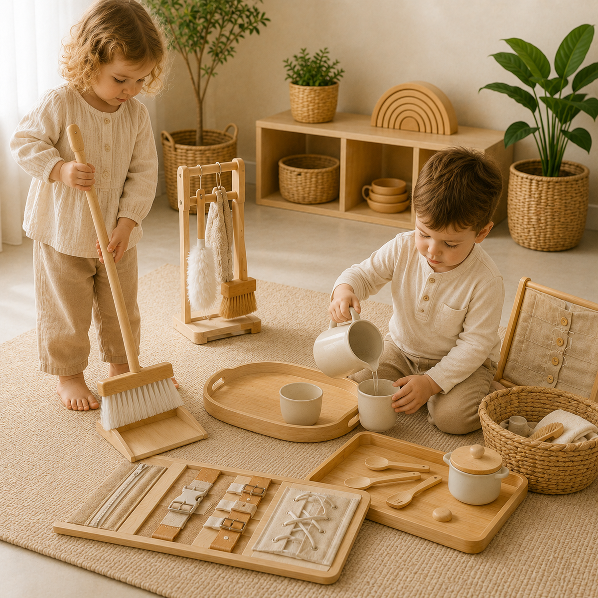 Toddler participating in practical life activities with child-size tools