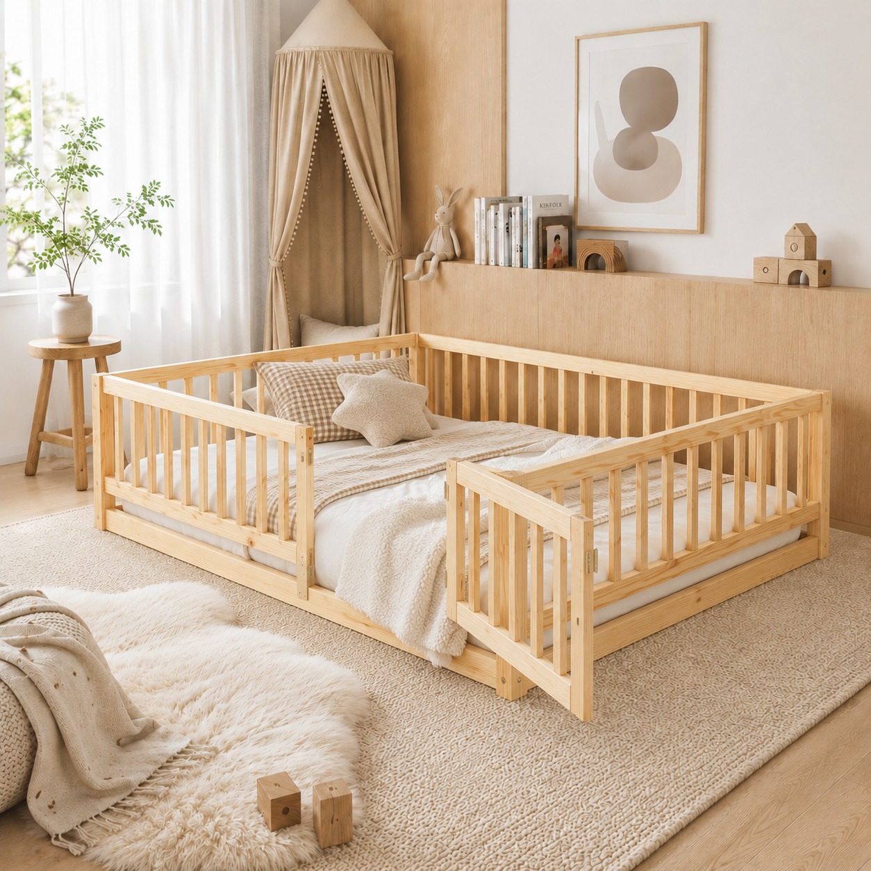 Montessori floor bed with rails and door in oak