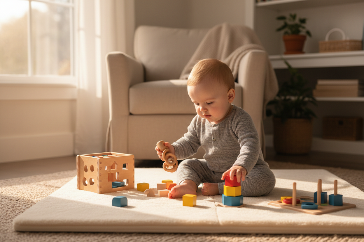 Baby exploring Montessori sensory toys and stacking materials
