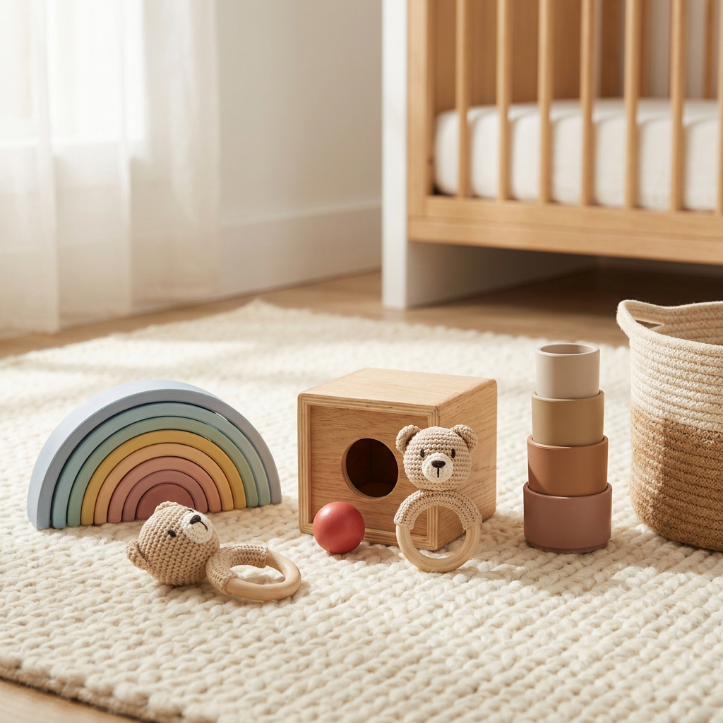 Wooden Montessori toys arranged on a cream rug