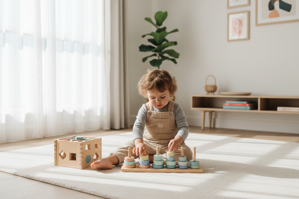 Toddler practicing stacking and fine motor skills with Montessori toys