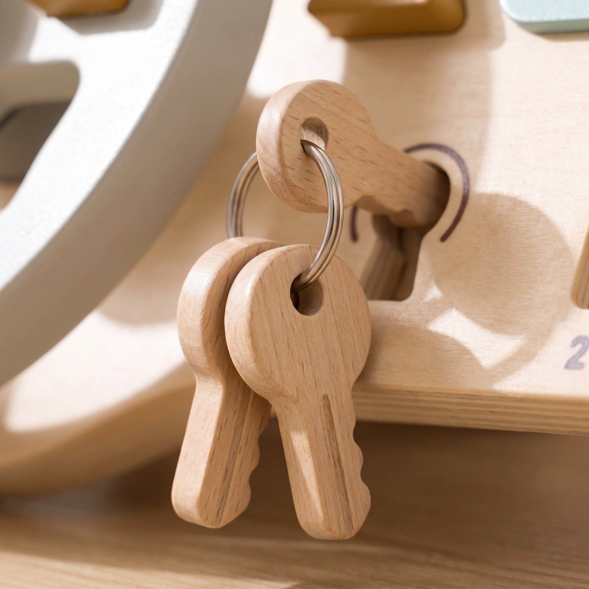 Macro of the little wooden keys on their ring hanging from the busy board fob