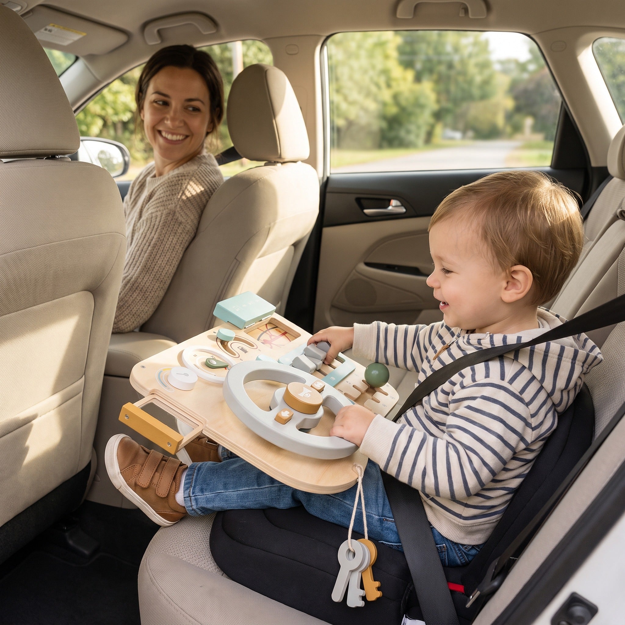 Toddler in a car seat playing with the wooden steering wheel busy board on a journey
