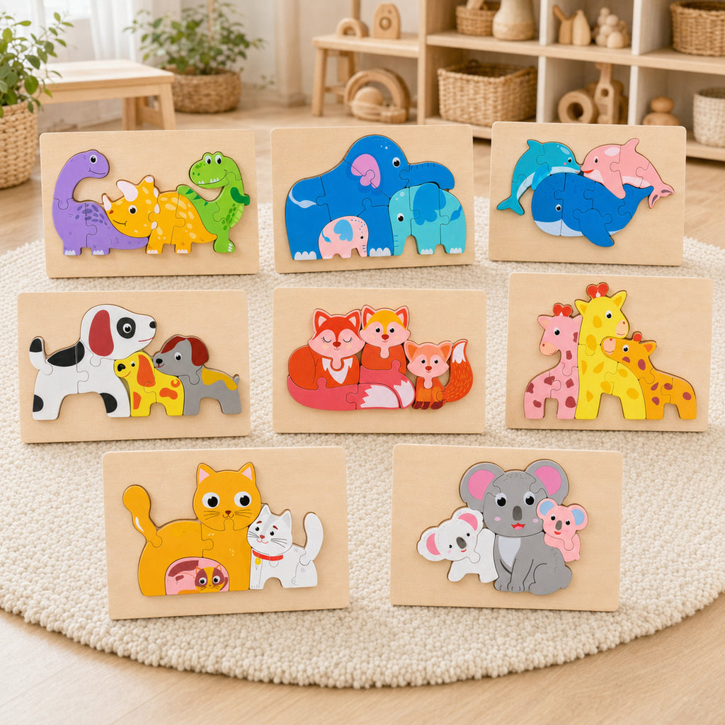 Chunky wooden animal puzzle for toddlers with eight easy-grip 3D pieces on a light wood table