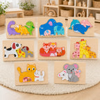 Chunky wooden animal puzzle for toddlers with eight easy-grip 3D pieces on a light wood table