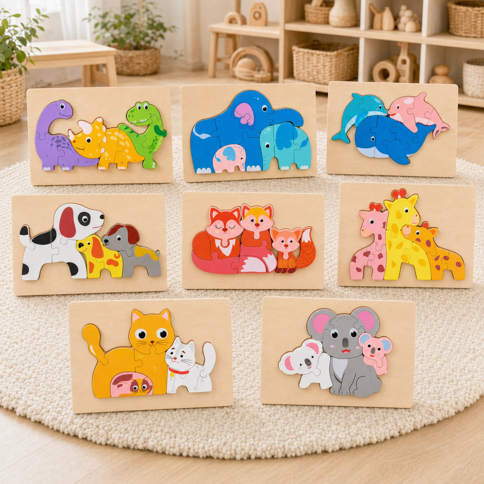 Chunky wooden animal puzzle for toddlers with eight easy-grip 3D pieces on a light wood table