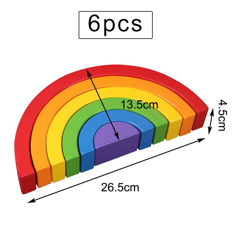 Dimension diagram of the classic rainbow stacker: 6 pieces, 26.5 cm wide, 13.5 cm tall, 4.5 cm deep