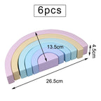 Dimension diagram of the pastel macaron rainbow stacker: 6 pieces, 26.5 cm wide, 13.5 cm tall, 4.5 cm deep