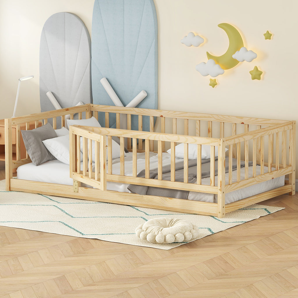 Twin size oak Montessori floor bed seen from the foot end, showing the picket guardrails and herringbone wood floor