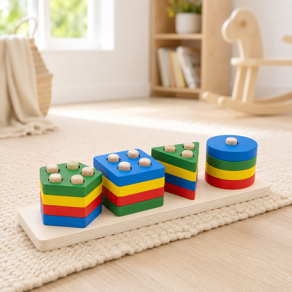Five-column Montessori cylinder block set laid out on a cream rug in a sunlit playroom