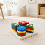 Four-column Montessori cylinder block set on a cream rug in a bright playroom with woven baskets behind