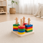 Colourful organ sleeve column set with tall pegged posts standing on a cream rug in a bright nursery