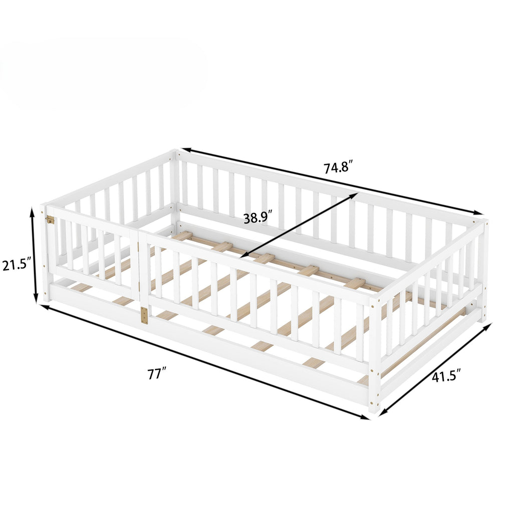 Montessori Floor Bed with Rails & Door – Twin Size White Kids Bed