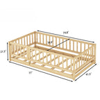 Dimension diagram of the twin size oak Montessori floor bed: 77 inches long, 41.5 inches wide, 21.5 inches tall, with a 74.8 by 38.9 inch interior