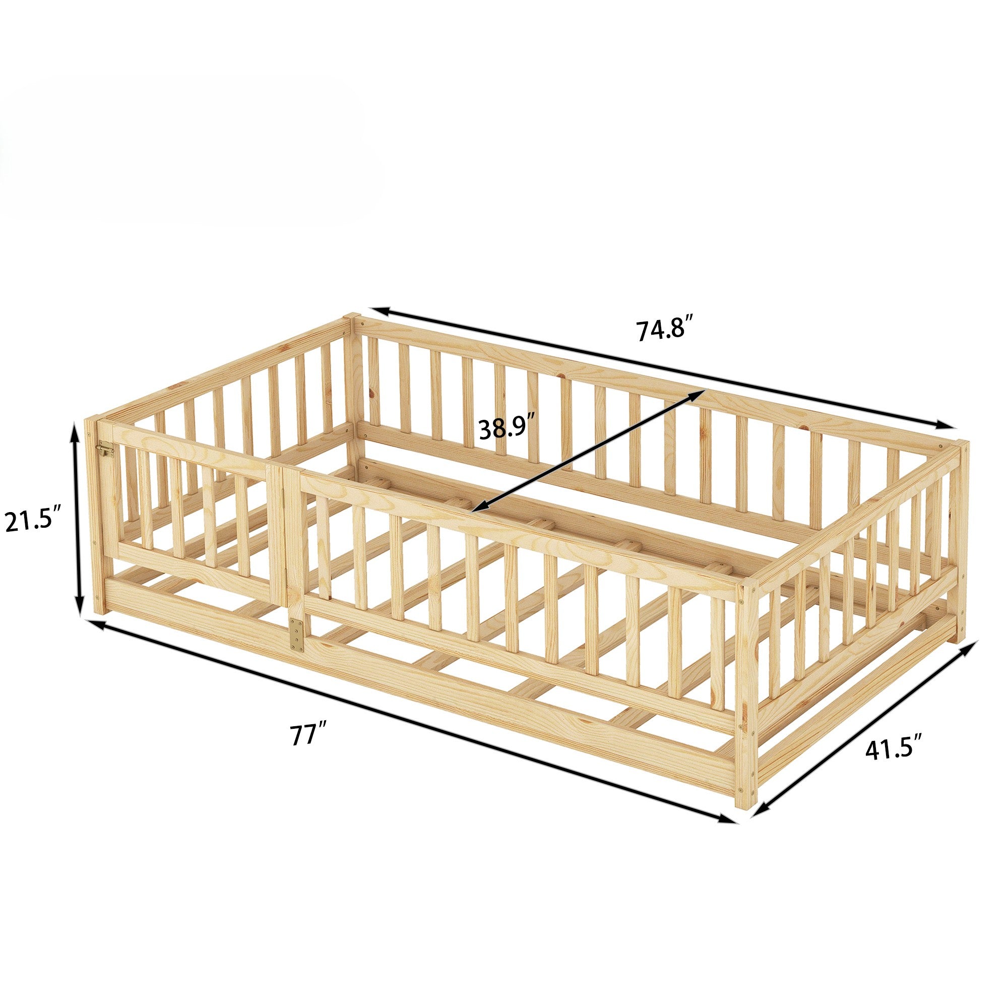 Dimension diagram of the twin size oak Montessori floor bed: 77 inches long, 41.5 inches wide, 21.5 inches tall, with a 74.8 by 38.9 inch interior