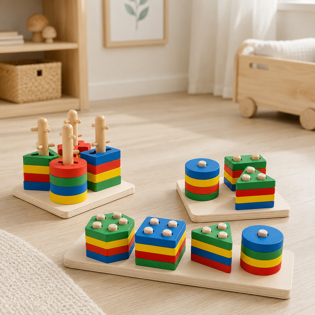 Montessori wooden cylinder blocks matching set on a neutral shelf in a bright nursery