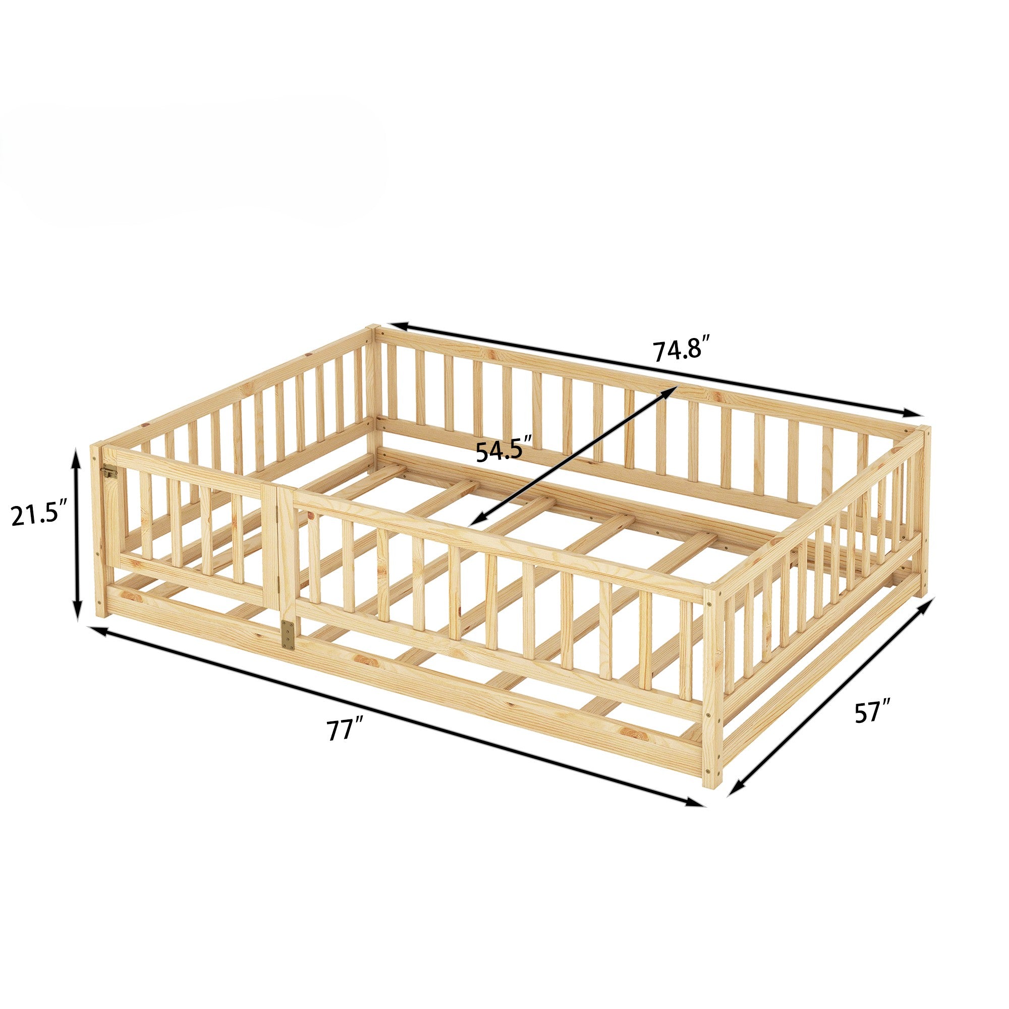 Montessori Floor Bed with Rails & Door – Full Size Oak Kids Bed