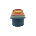 Silicone stacking cups nested into a single tower in a warm palette of teal, terracotta, sage and cream