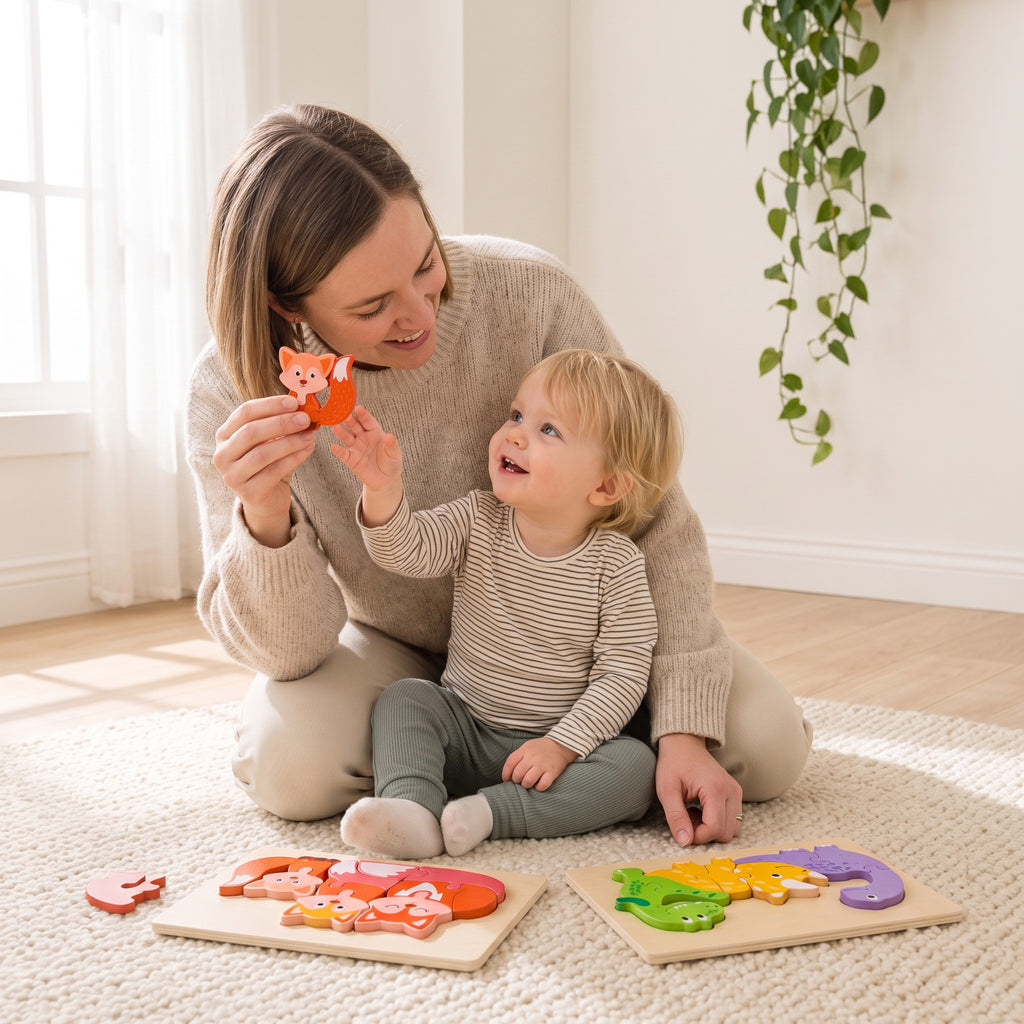 Parent naming animals with their toddler using the chunky wooden animal puzzles