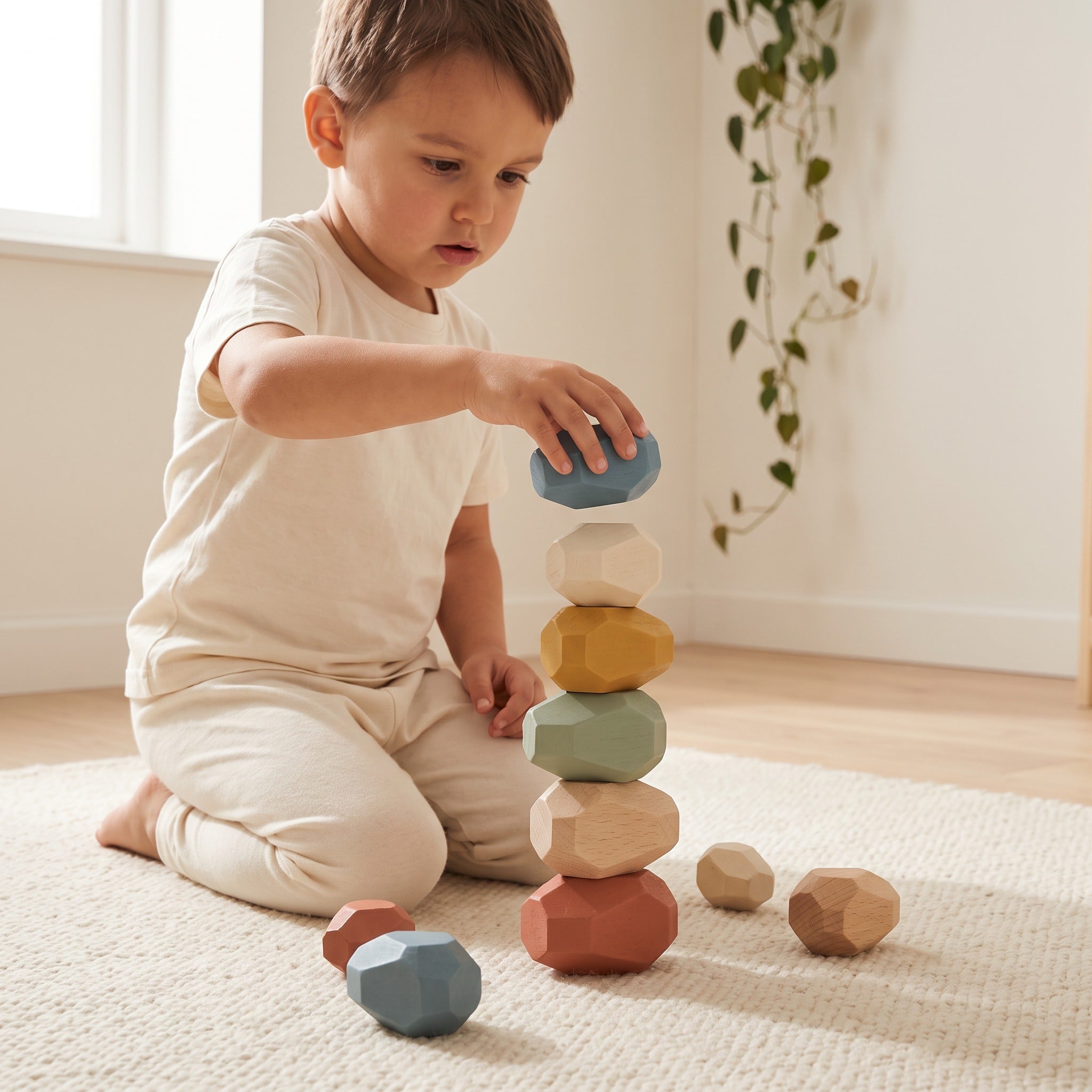 Child carefully balancing one more stone on a wobbling tower of wooden pebbles