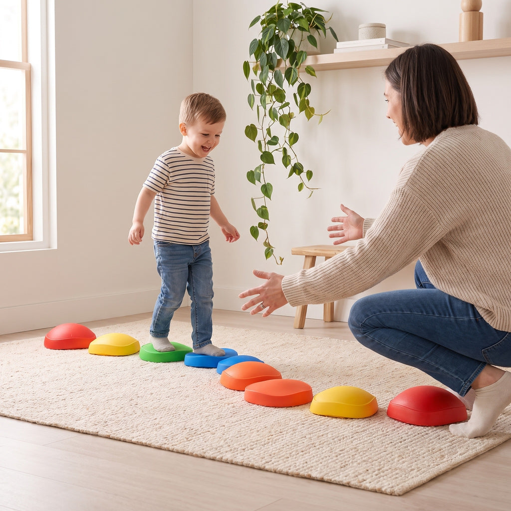 Parent encouraging their child along a stepping stone course across the floor