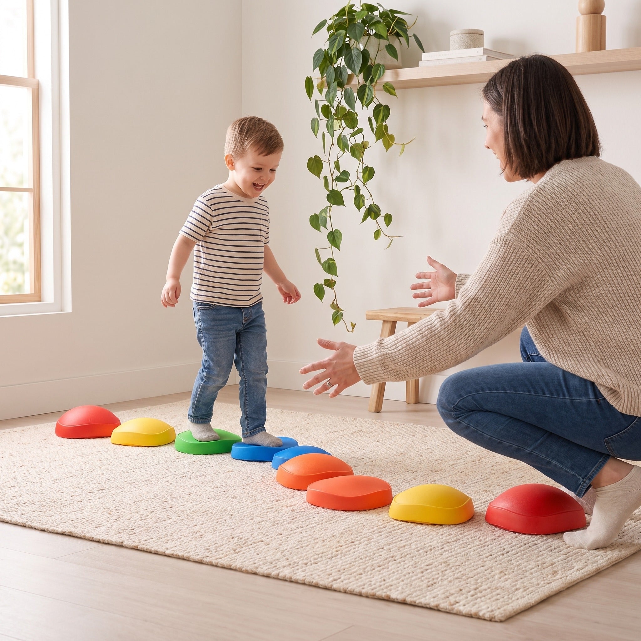 Parent encouraging their child along a stepping stone course across the floor