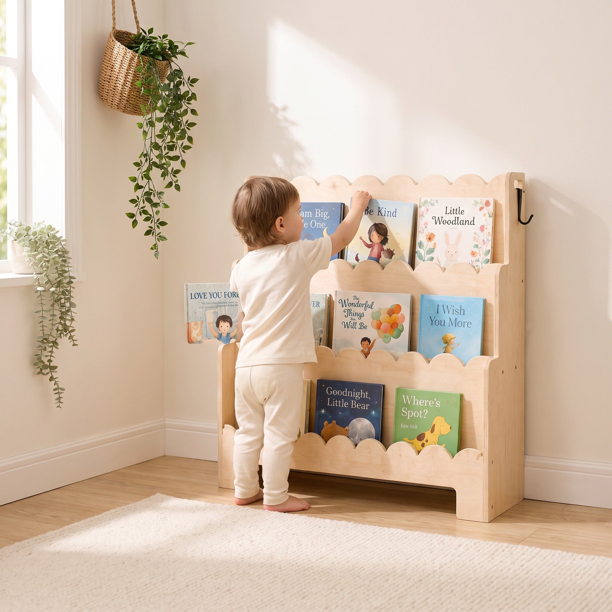 Toddler choosing a picture book from the front-facing Montessori bookshelf