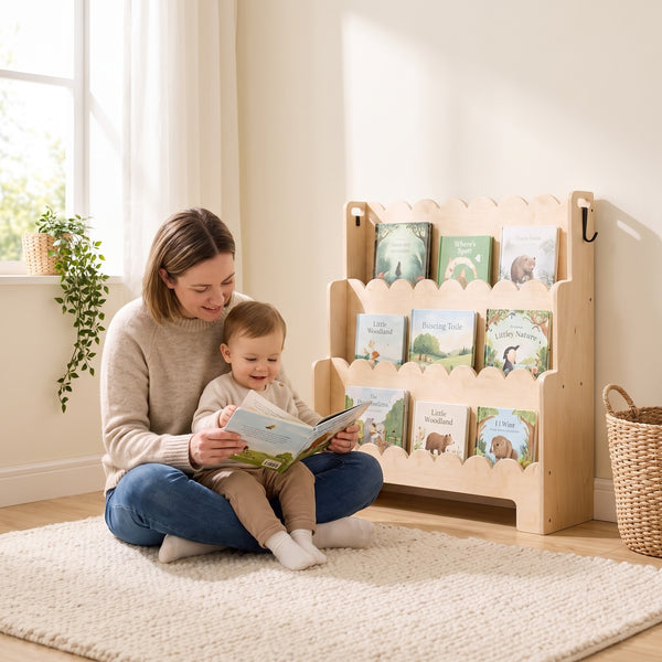 Parent and toddler reading together on the rug beside the front-facing bookshelf