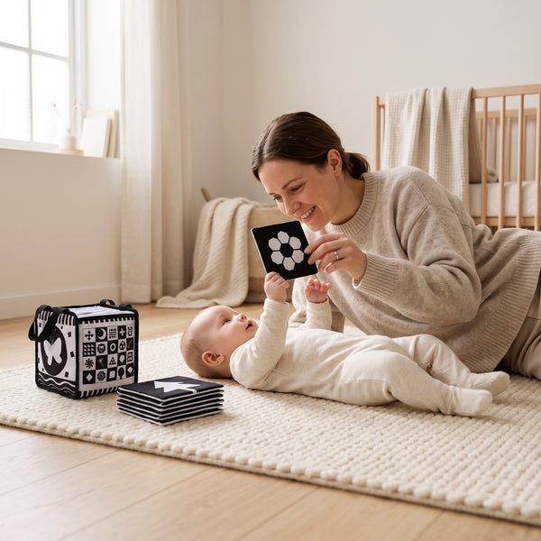 Parent holding a high-contrast card at focusing distance for their newborn
