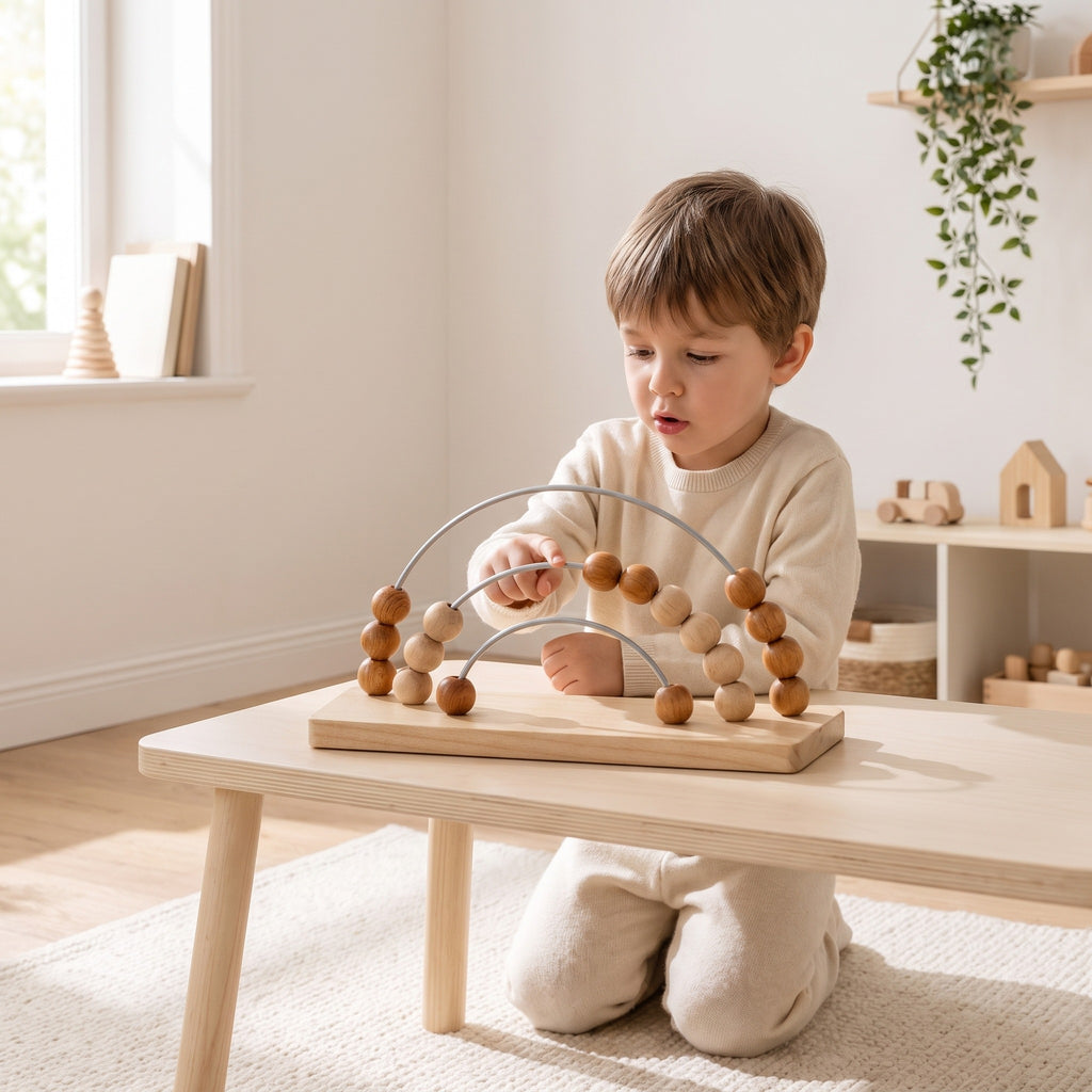 Child sliding beads along the wire of the wooden counting frame