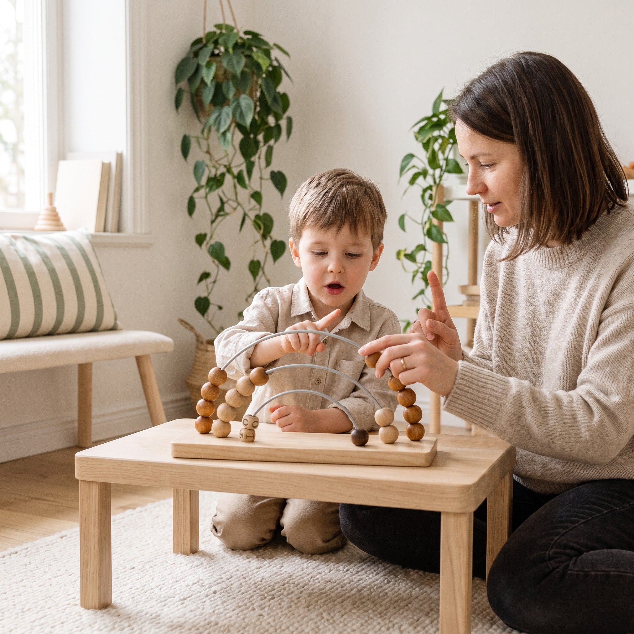 Parent and child counting beads together on the wooden counting frame