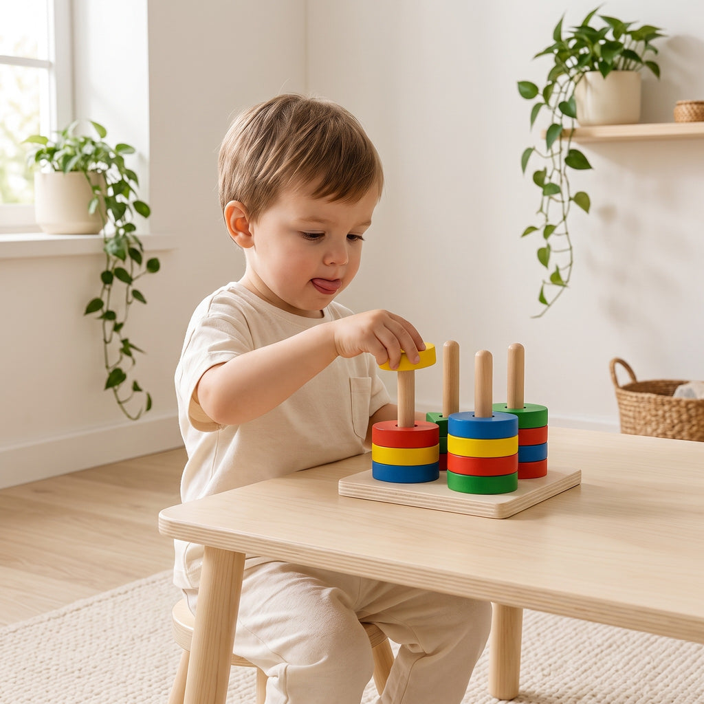 Child threading a yellow disc onto a peg of the Montessori cylinder block set