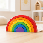 Classic rainbow wooden stacker assembled on a wooden floor in a bright, softly furnished playroom