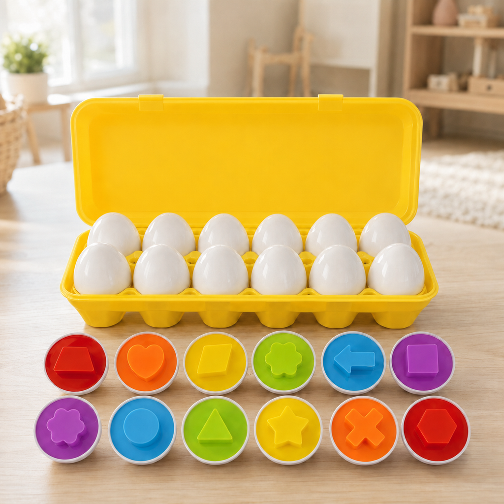 Montessori matching eggs color and shape sorting set in an egg carton