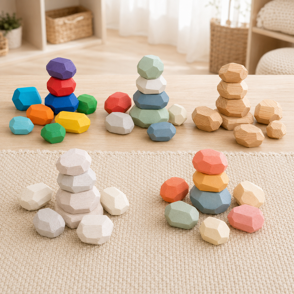 Wooden rainbow balancing stones stacked into a tower, Montessori open-ended toy