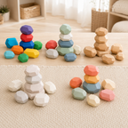Wooden rainbow balancing stones stacked into a tower, Montessori open-ended toy