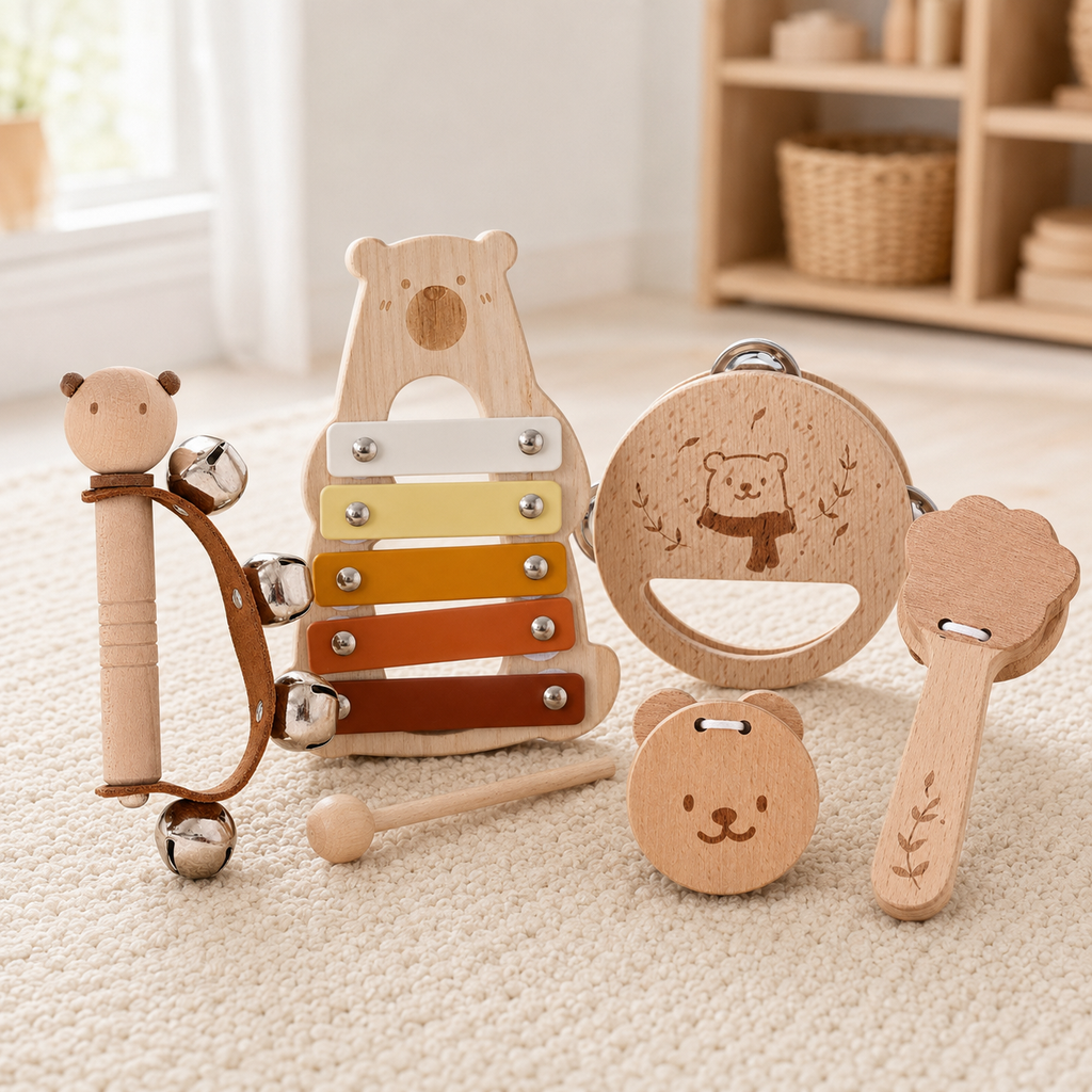Little Bear wooden percussion music set for toddlers with drum, bells and xylophone