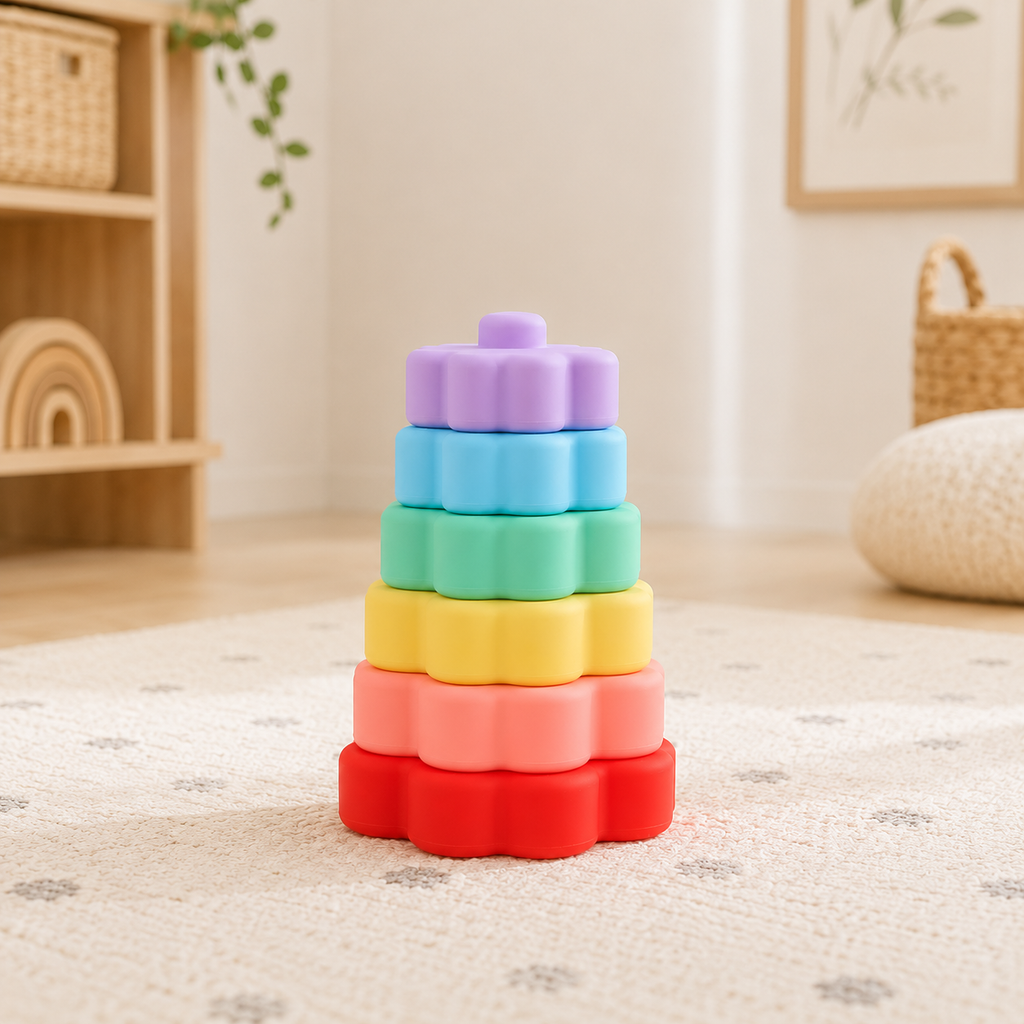 Flower Silicone Stacking Tower – Soft Baby Stacker 0–2 Years