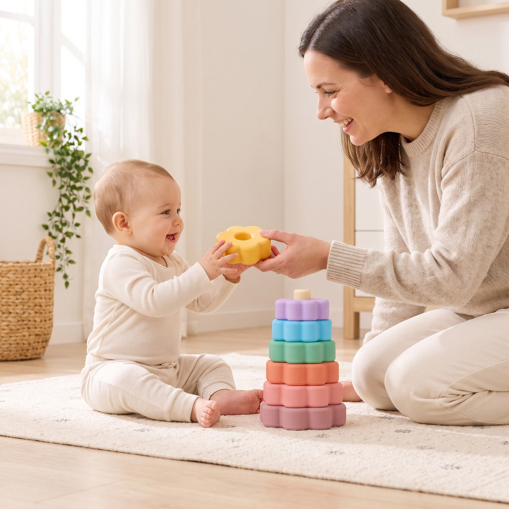 Parent offering their baby a pastel silicone flower ring from the stacker