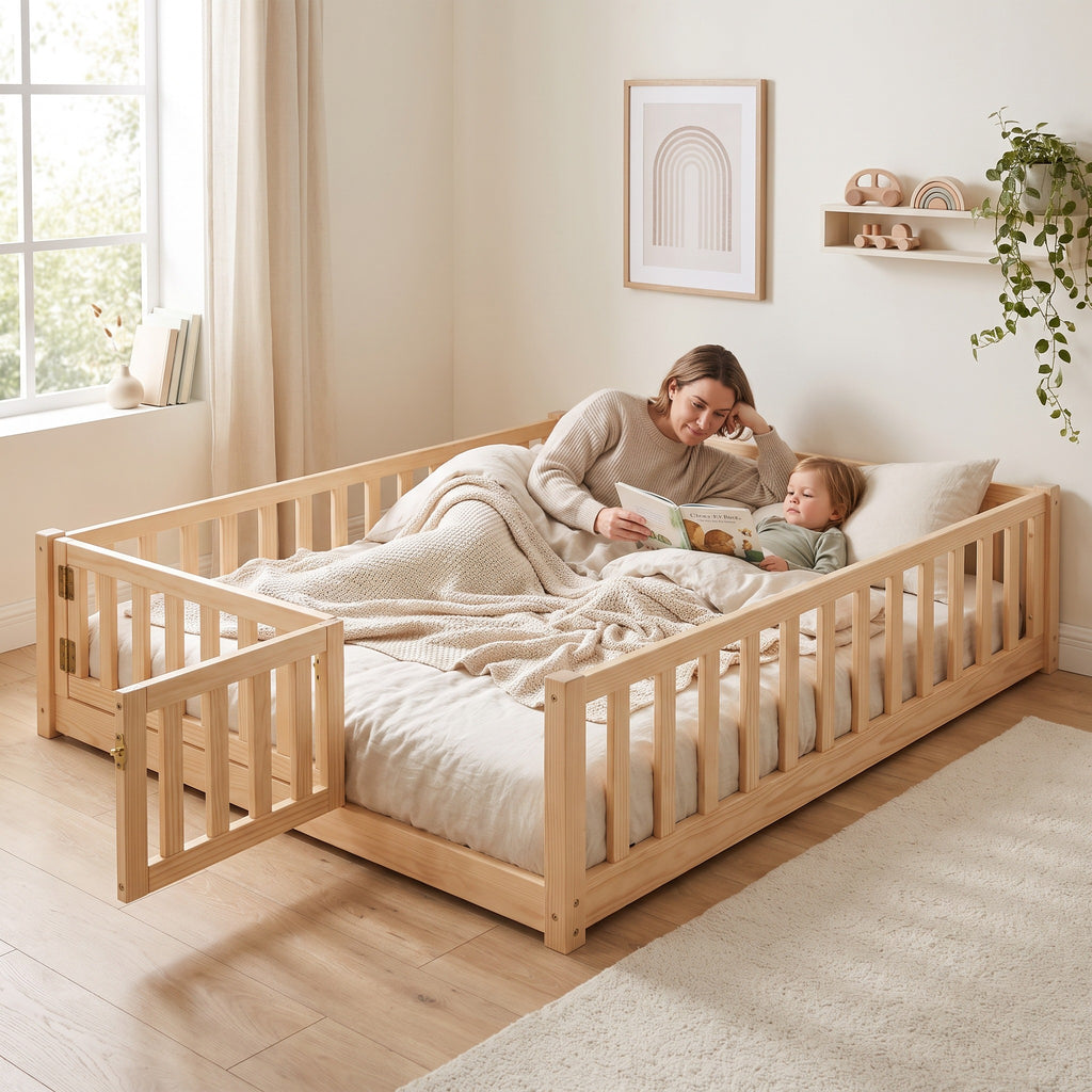 Parent lying inside the full size oak Montessori floor bed reading to their child at bedtime