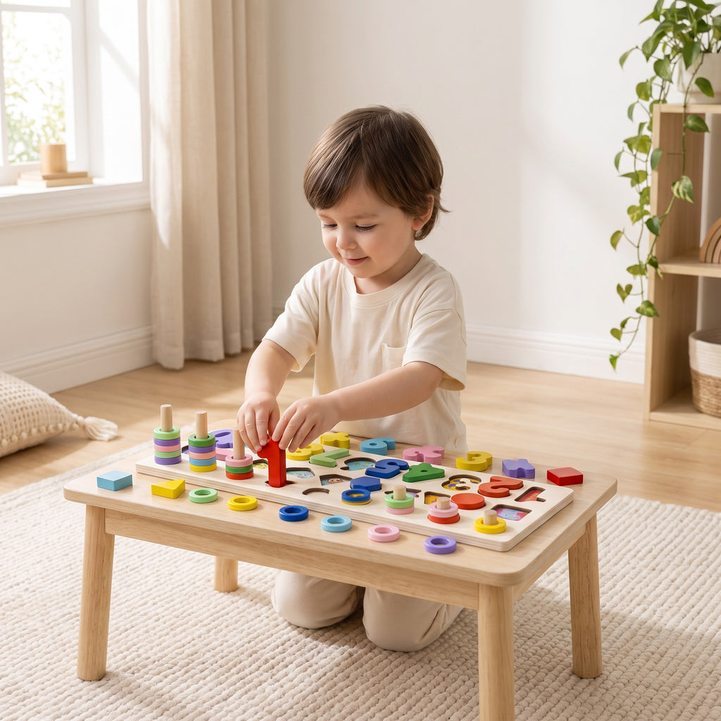 Child slotting a red wooden numeral into the matching board