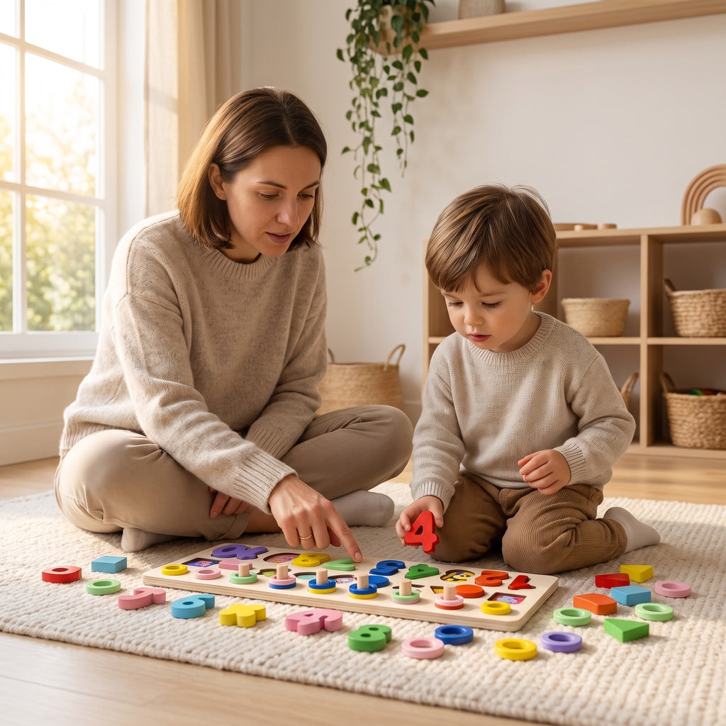 Parent and child counting together with the 3-in-1 wooden matching board