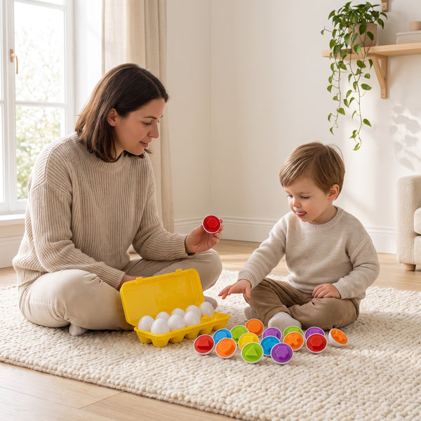 Parent and child matching the colour and shape egg halves together