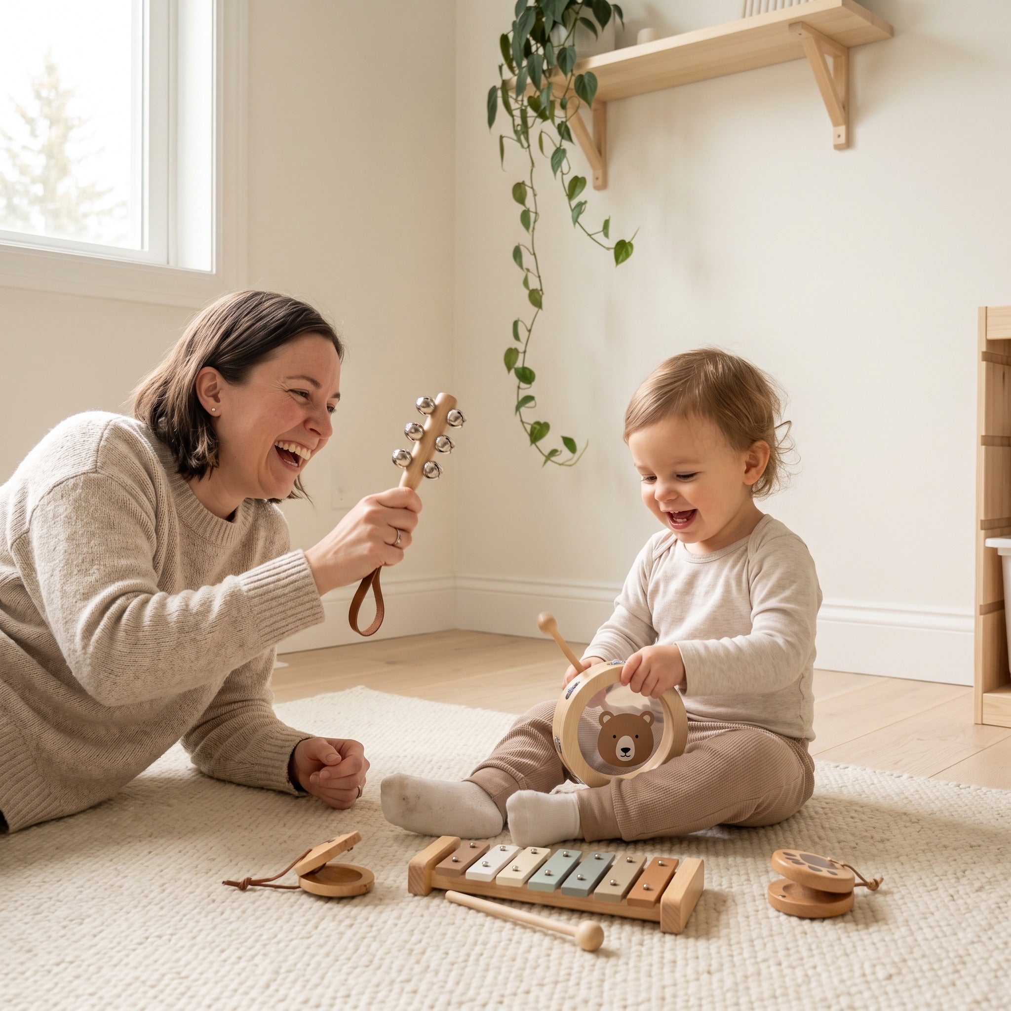 Parent and toddler making music together with the Little Bear percussion instruments
