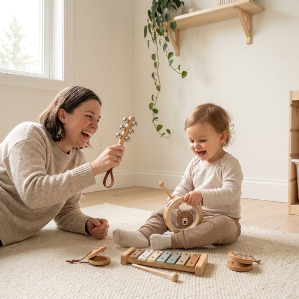 Parent and toddler making music together with the Little Bear percussion instruments