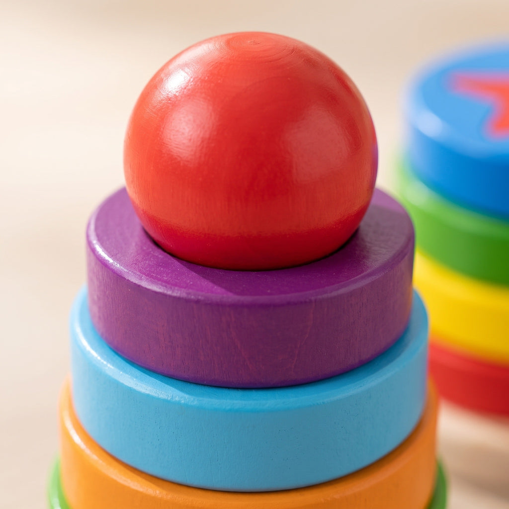 Macro of the turned red ball finial and top rainbow rings of the wooden peg stacker