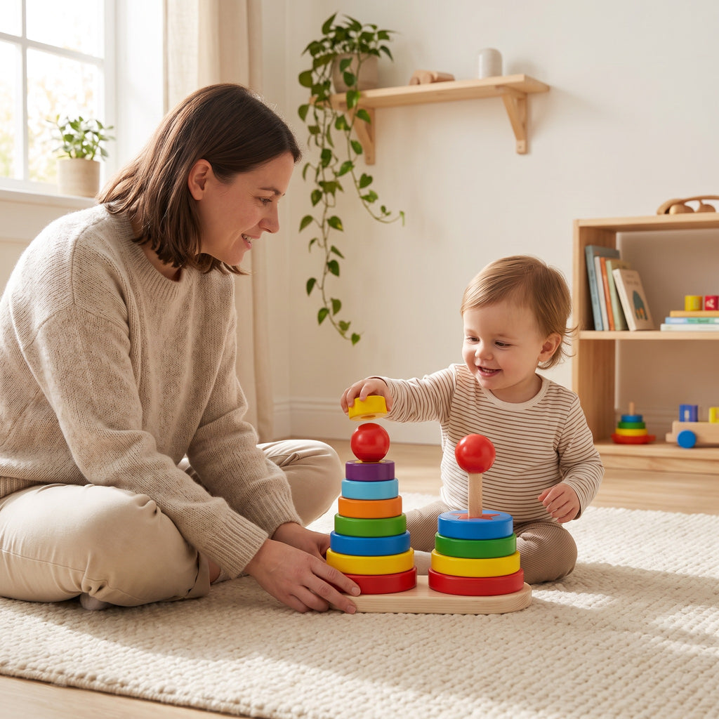 Parent handing their toddler a ring to thread onto the double ring stacker