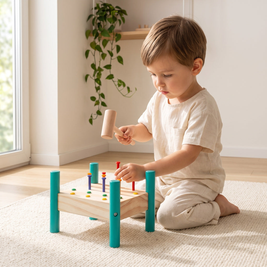 Child hammering a red peg into the wooden rivet board with a wooden mallet
